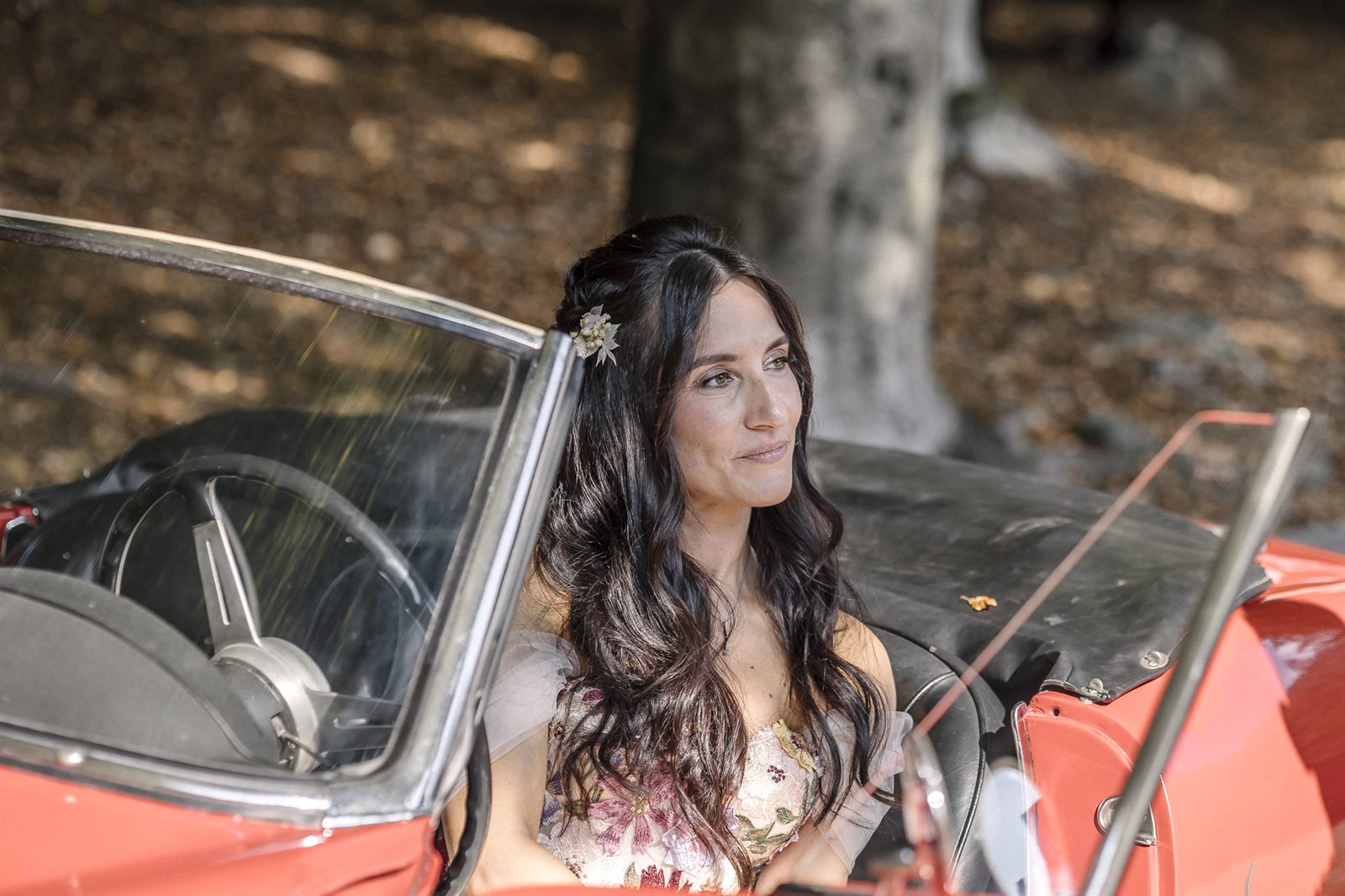 La sposa nell'auto d'epoca decappottabile tra gli alberi La sposa nell'auto d'epoca decappottabile tra gli alberi